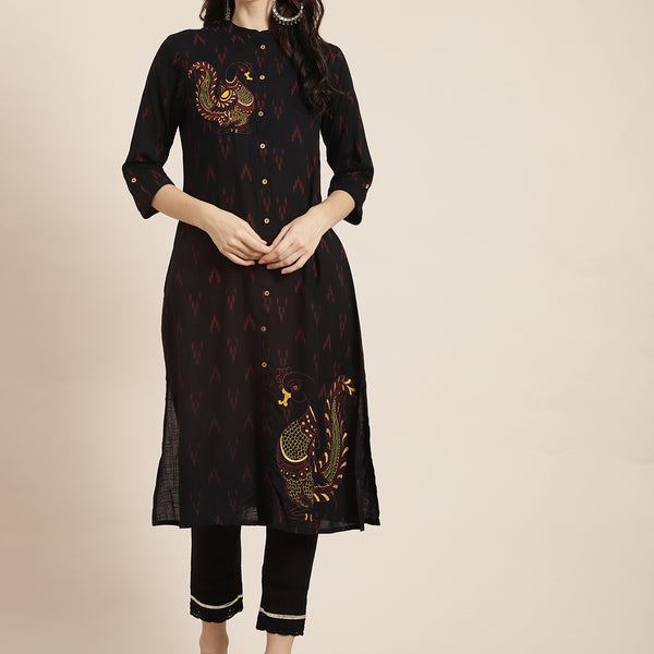 Juniper Womens M-Black Rayon Slub Printed Kurta - Distacart
