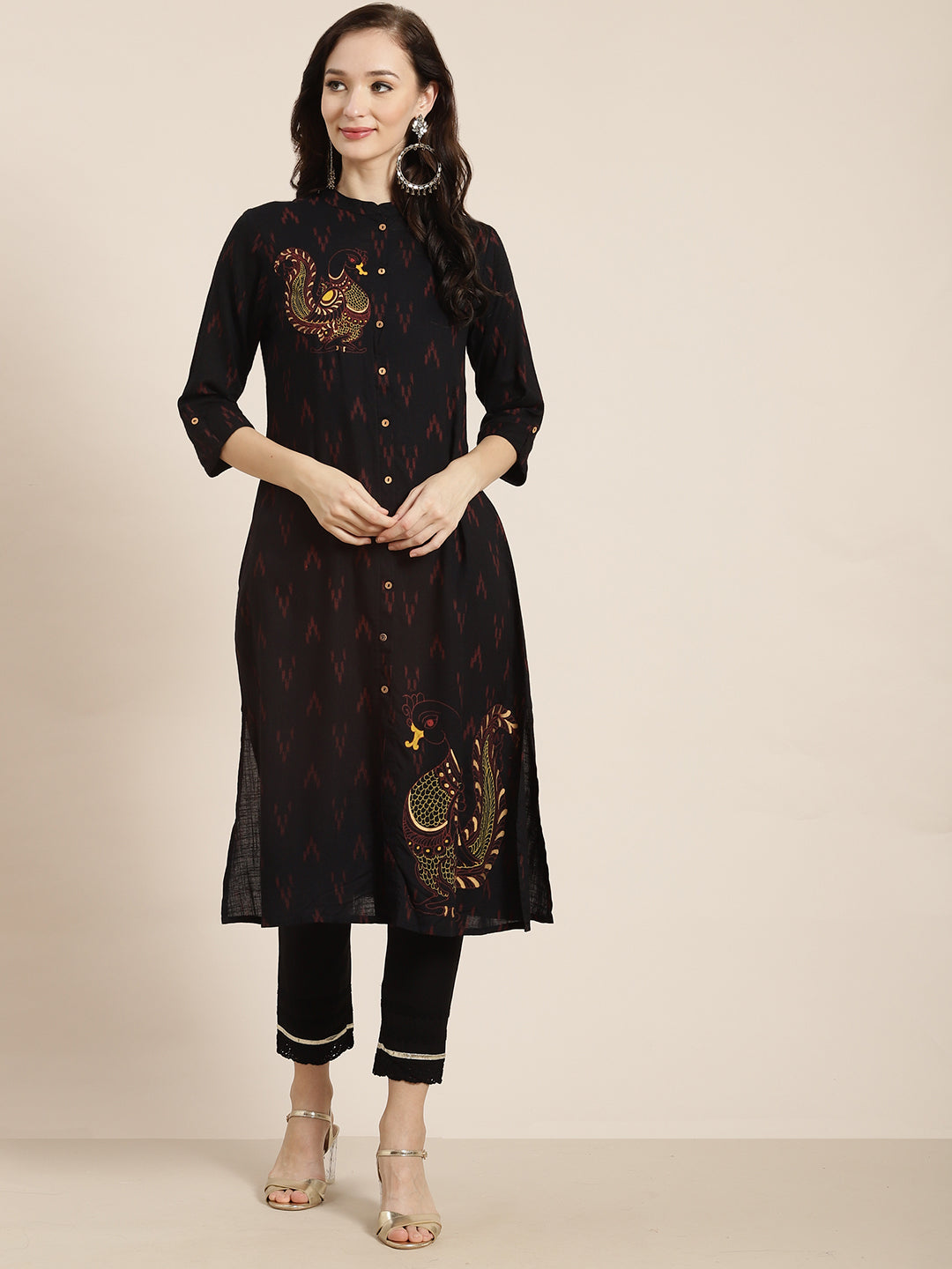 Juniper Womens M-Black Rayon Slub Printed Kurta - Distacart