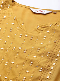 Thumbnail for Biba Women Mustard Yellow Embroidered Mirror Work Yoke Design A-Line Kurta - Distacart