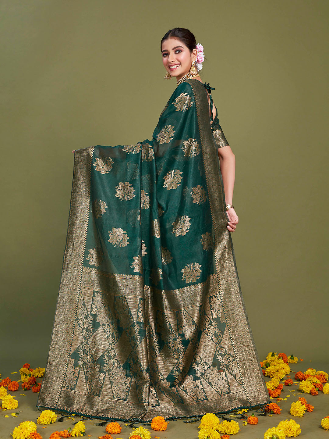 Sangria Ethnic Motifs Woven Design Linen Blend Saree - Distacart