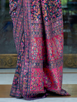Thumbnail for Mitera Navy Blue & Pink Floral Zari Silk Blend Banarasi Saree - Distacart