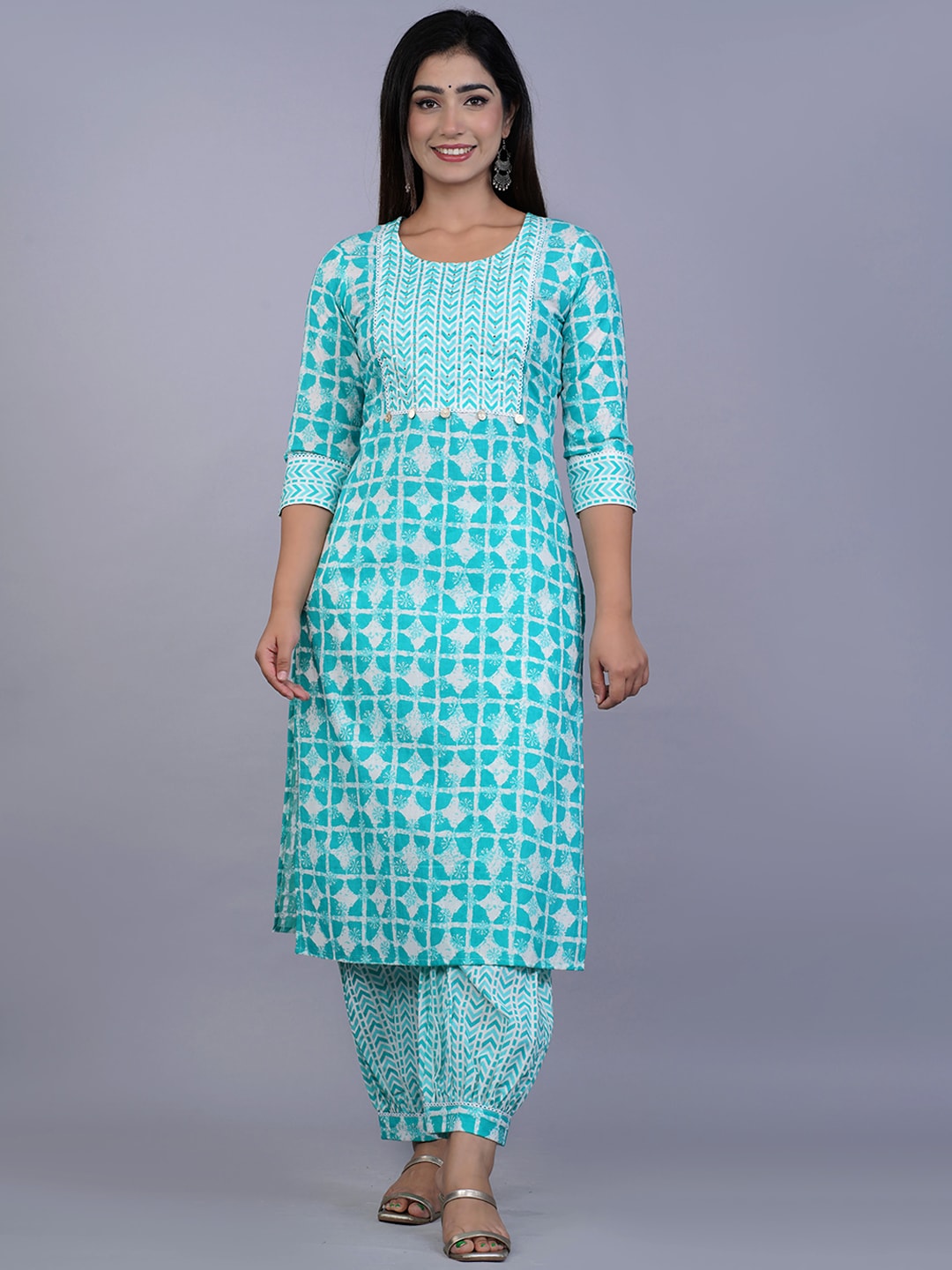Kalini Women Turquoise Blue Printed Pure Cotton Kurta with Salwar & With Dupatta - Distacart