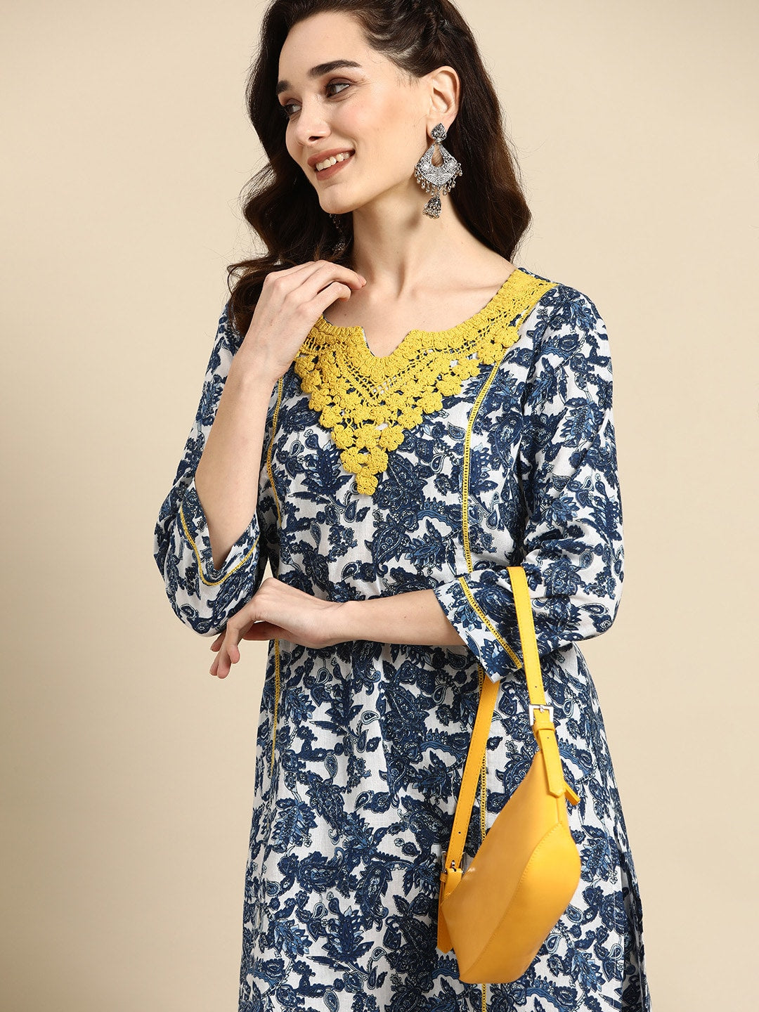 Sangria Women Navy Blue Ethnic Motifs Embroidered Detail Cotton Kurta with Trousers - Distacart