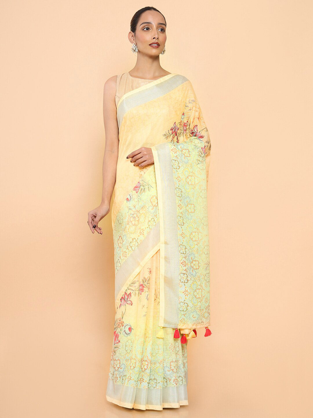 Soch Yellow & Green Floral Zari Pure Linen Saree - Distacart