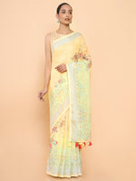 Thumbnail for Soch Yellow & Green Floral Zari Pure Linen Saree - Distacart