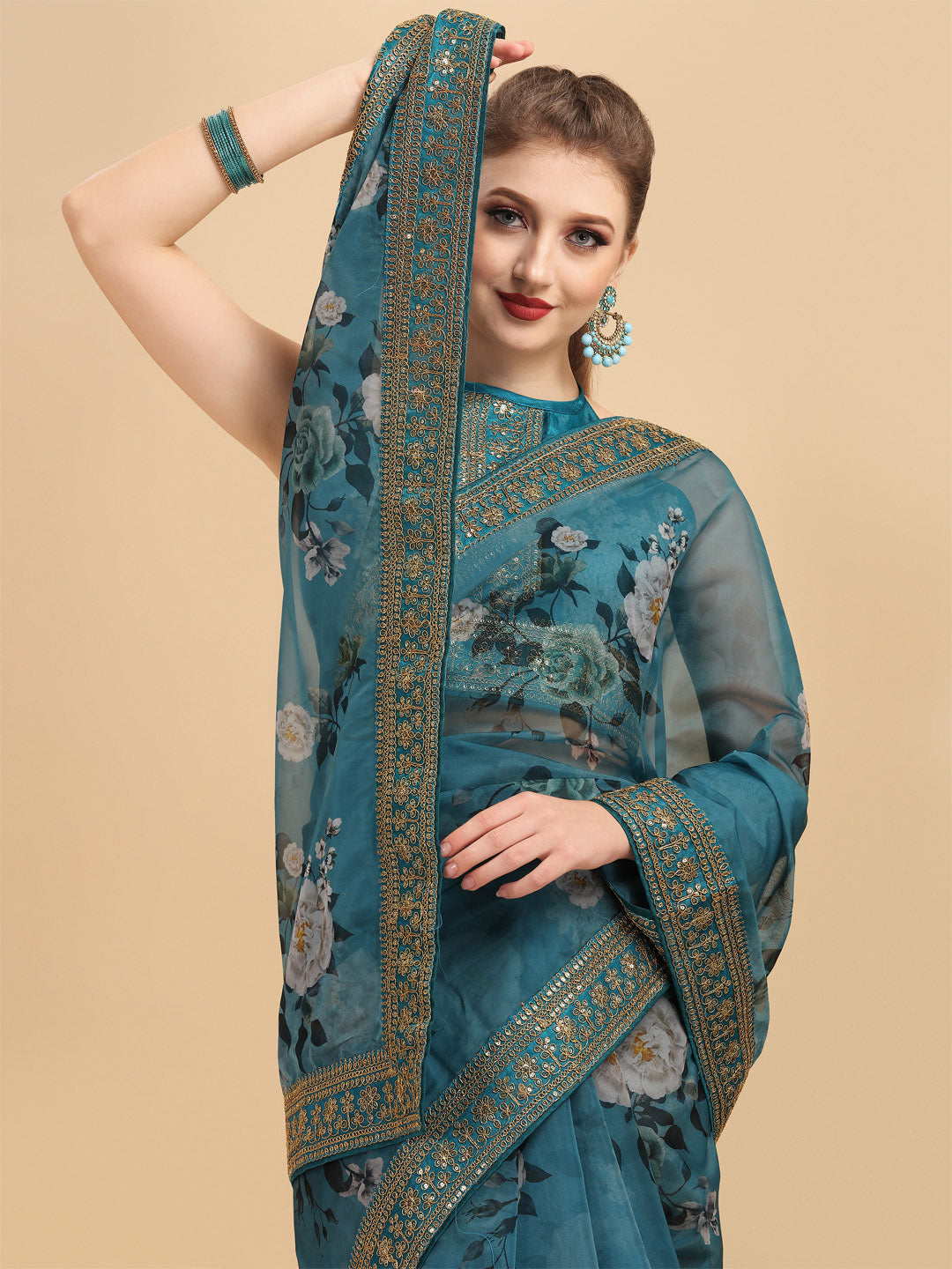 Sangria Teal & White Floral Embroidered Organza Saree - Distacart