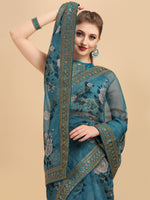 Thumbnail for Sangria Teal & White Floral Embroidered Organza Saree - Distacart