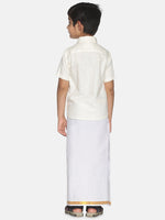 Thumbnail for Sethukrishna Boys Cream-Coloured & Gold-Toned Pure Cotton Shirt with Dhoti - Distacart