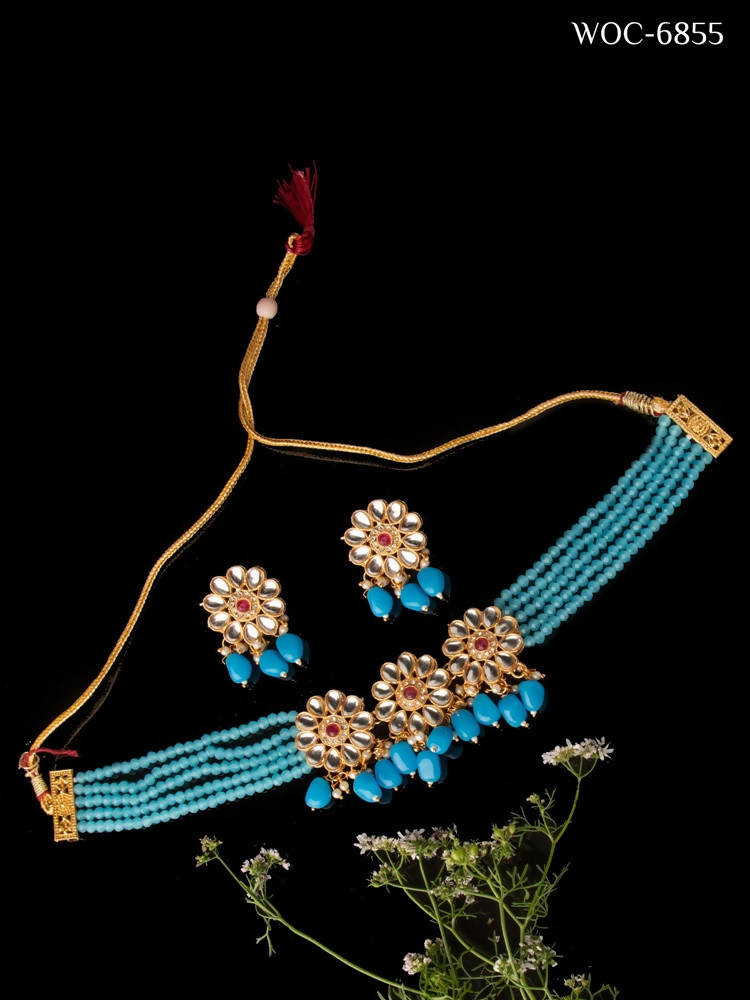 Mominos Fashion Johar Kamal Women's Sky Blue Beads Pearls Gold-Plated Jewellery Set