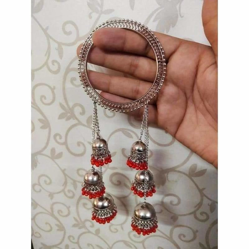 Hanging Red Pearls Jhumkas Bangles With Chains For Parties