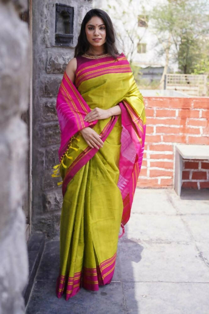 Very Much Indian Handloom Cotton Viscose Ilkal Saree - Bright Green - Distacart