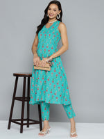 Thumbnail for HERE&NOW Floral Printed Pure Cotton Kurta with Trousers - Distacart