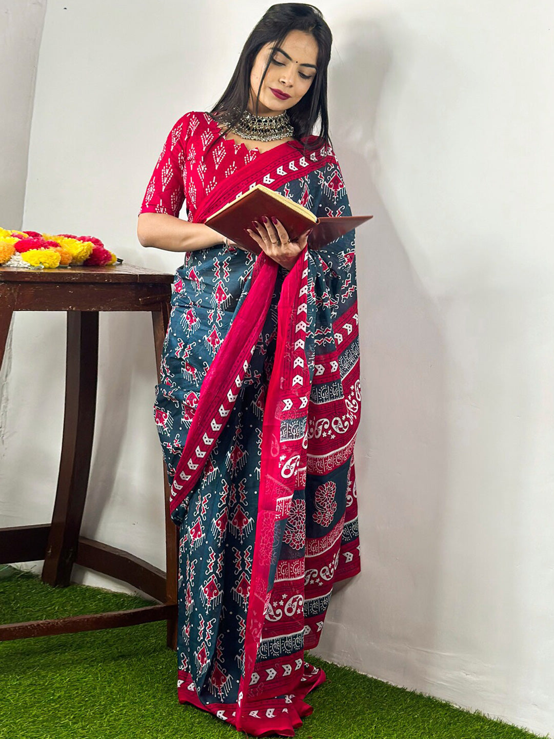 Kalini Ethnic Motifs Printed Pure Cotton Bagh Saree - Distacart