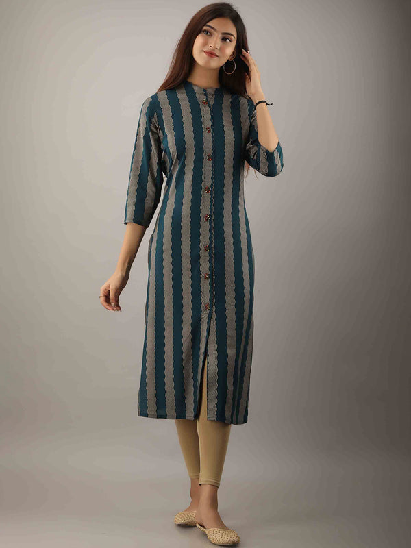 Kalini Women Teal Chevron Striped Kurta - Distacart