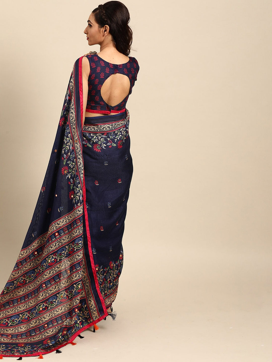 Saree Mall Navy Blue & Red Floral Jute Silk Block Print Sarees - Distacart