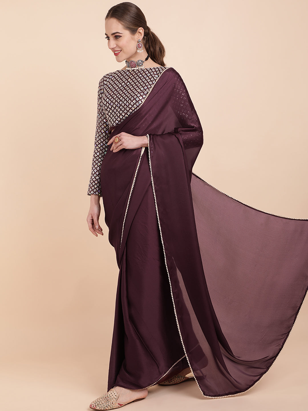 Sangria Burgundy Sequinned Satin Saree - Distacart