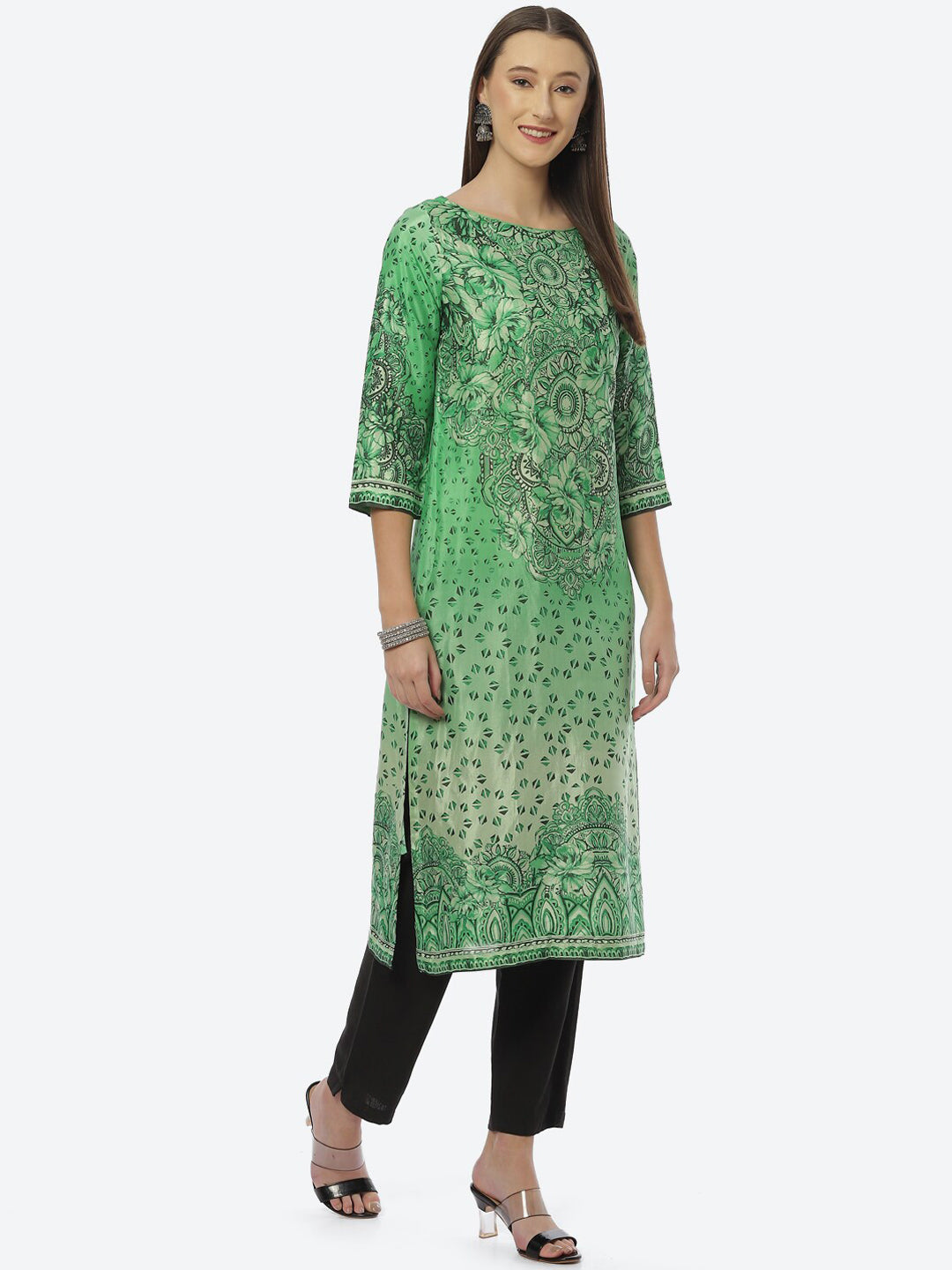 Biba Women Green Floral Printed Cotton Kurta - Distacart