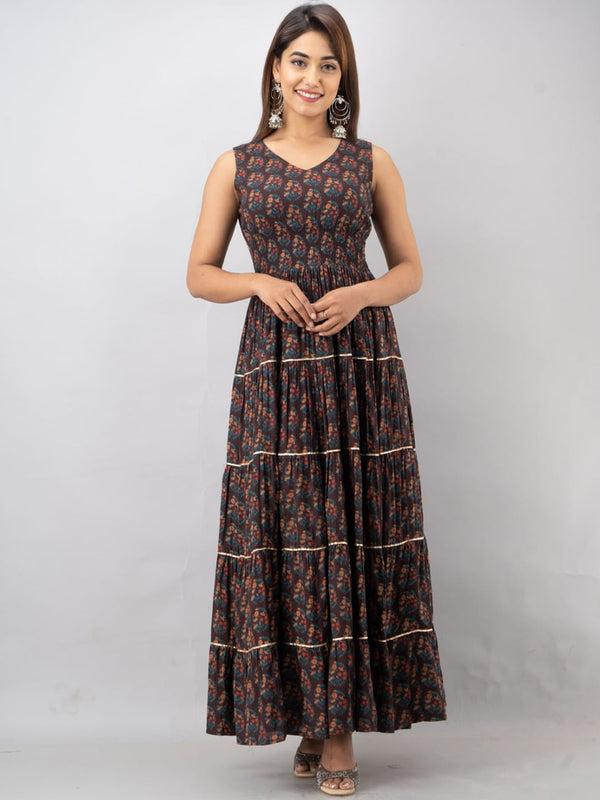 Kalini Women Brown Ethnic Motifs Floral Tiered Anarkali Kurta - Distacart
