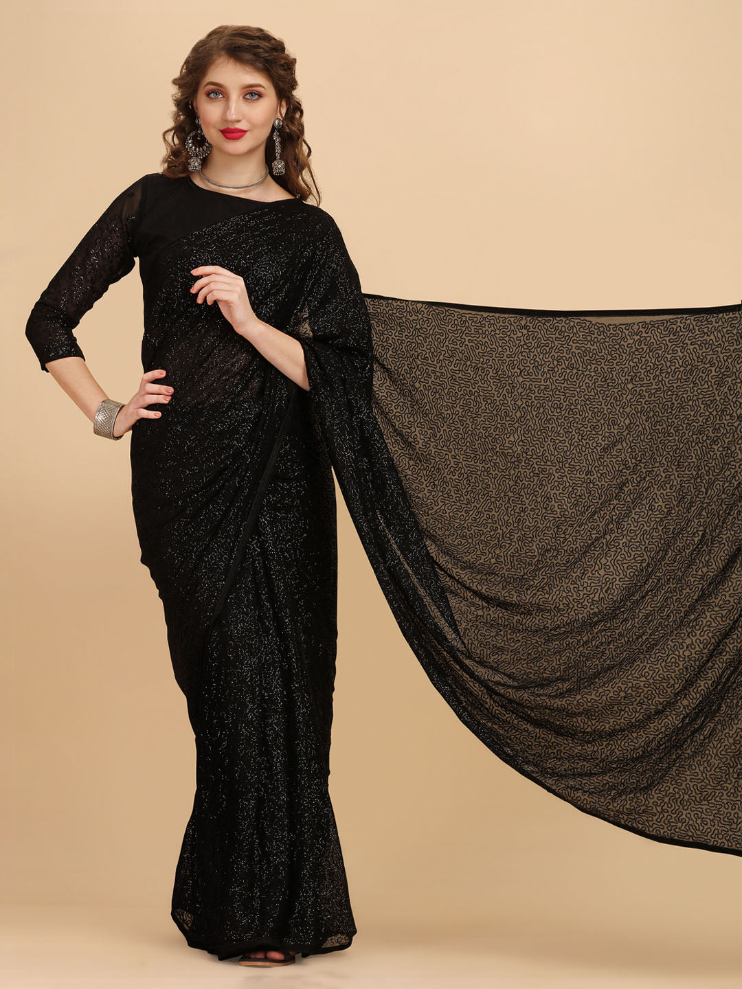 Sangria Black Embellished Sequinned Pure Georgette Saree - Distacart