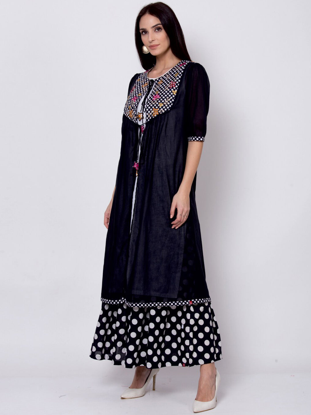 Biba Women Black & White Embroidered A-Line Kurta With Jacket - Distacart