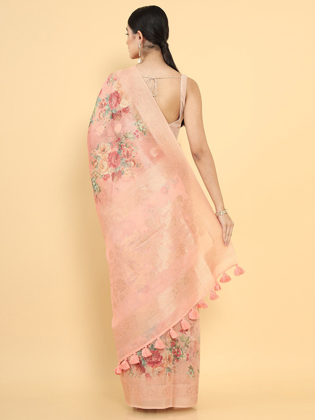 Soch Peach-Coloured & Green Woven Design Zari Organza Saree - Distacart