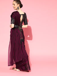 Thumbnail for Saree Mall Burgundy Striped Poly Georgette Party Wear Saree with Matching Blouse - Distacart