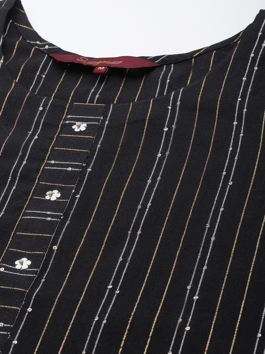 Sangria Women Black & White Striped Sequin Detail Kurta - Distacart