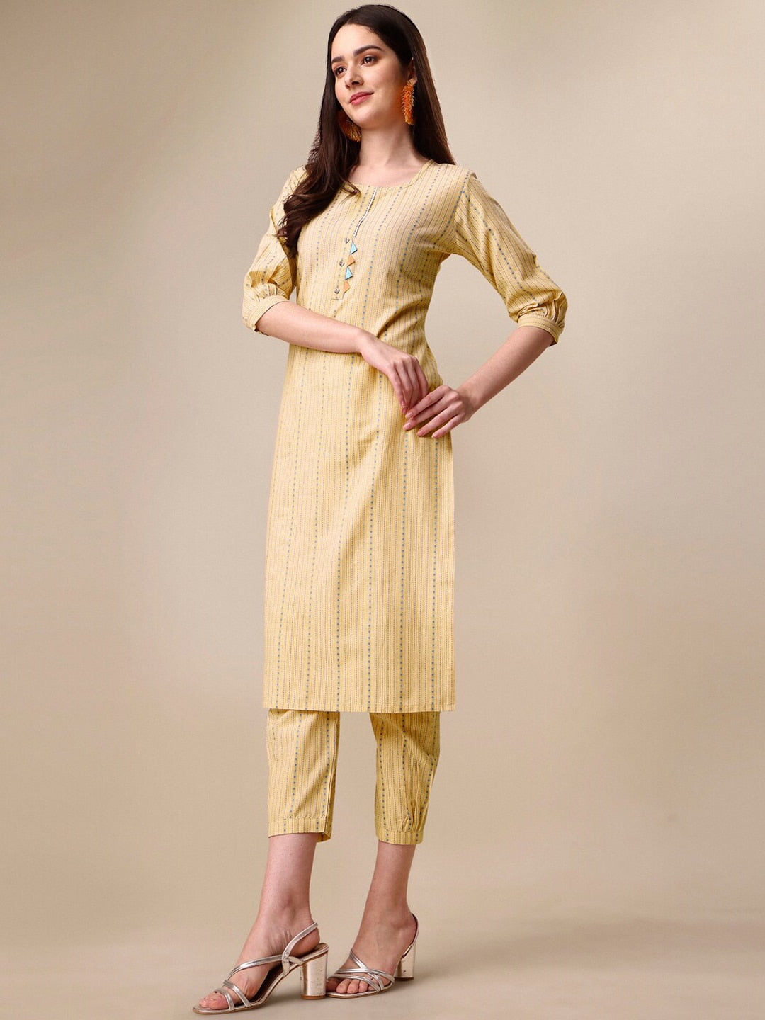 Kalini Women Woven Striped Thread Work Kurta with Trousers - Distacart