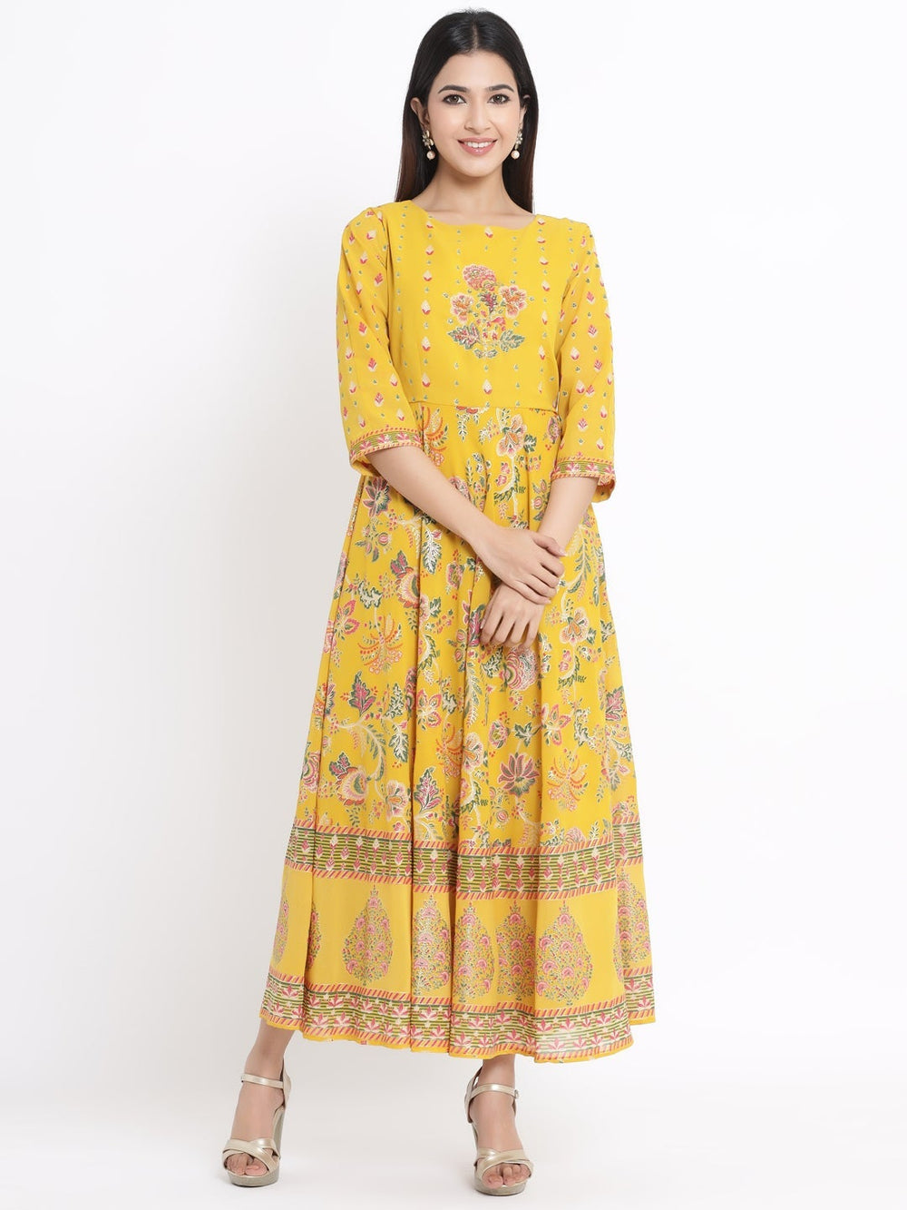 Juniper Women's Mustard Georgette Printed Flared Dress - Distacart