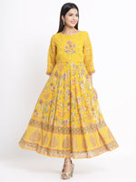 Thumbnail for Juniper Women's Mustard Georgette Printed Flared Dress - Distacart