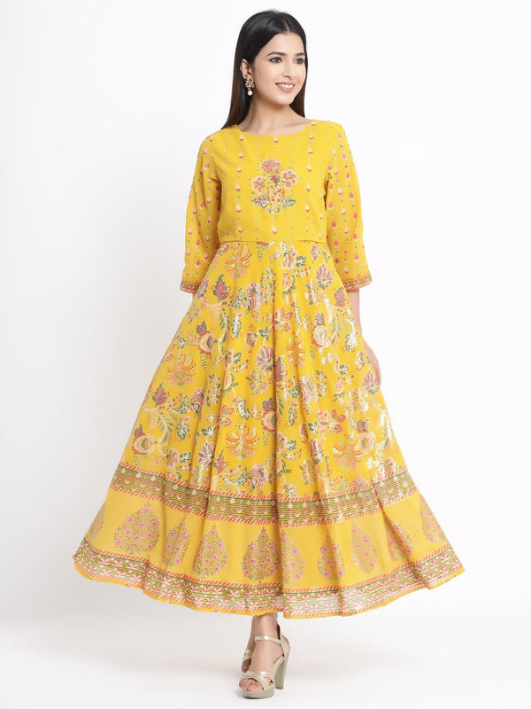 Juniper Women's Mustard Georgette Printed Flared Dress - Distacart