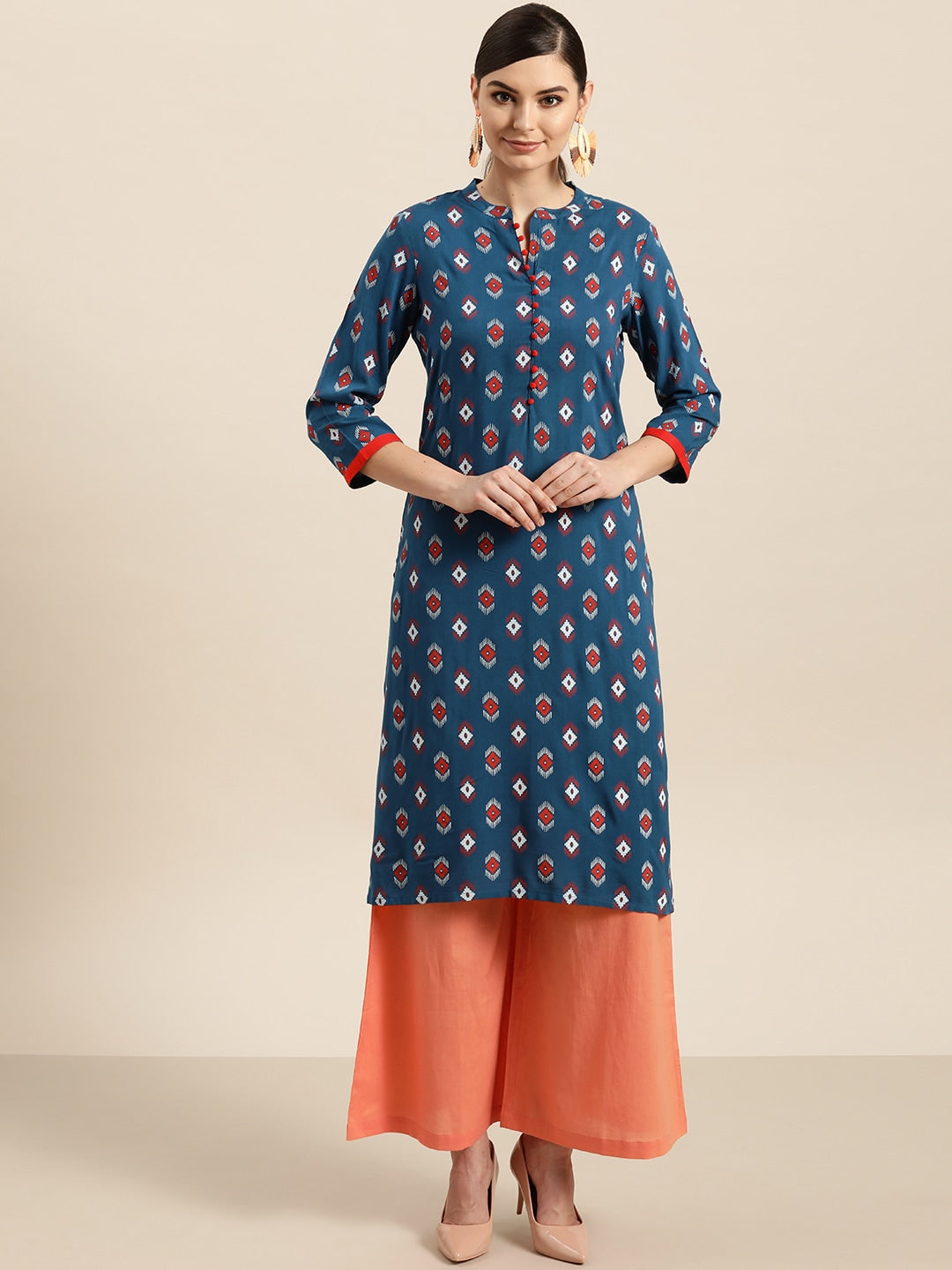 Sangria Women Teal Blue & Red Printed Straight Kurta - Distacart