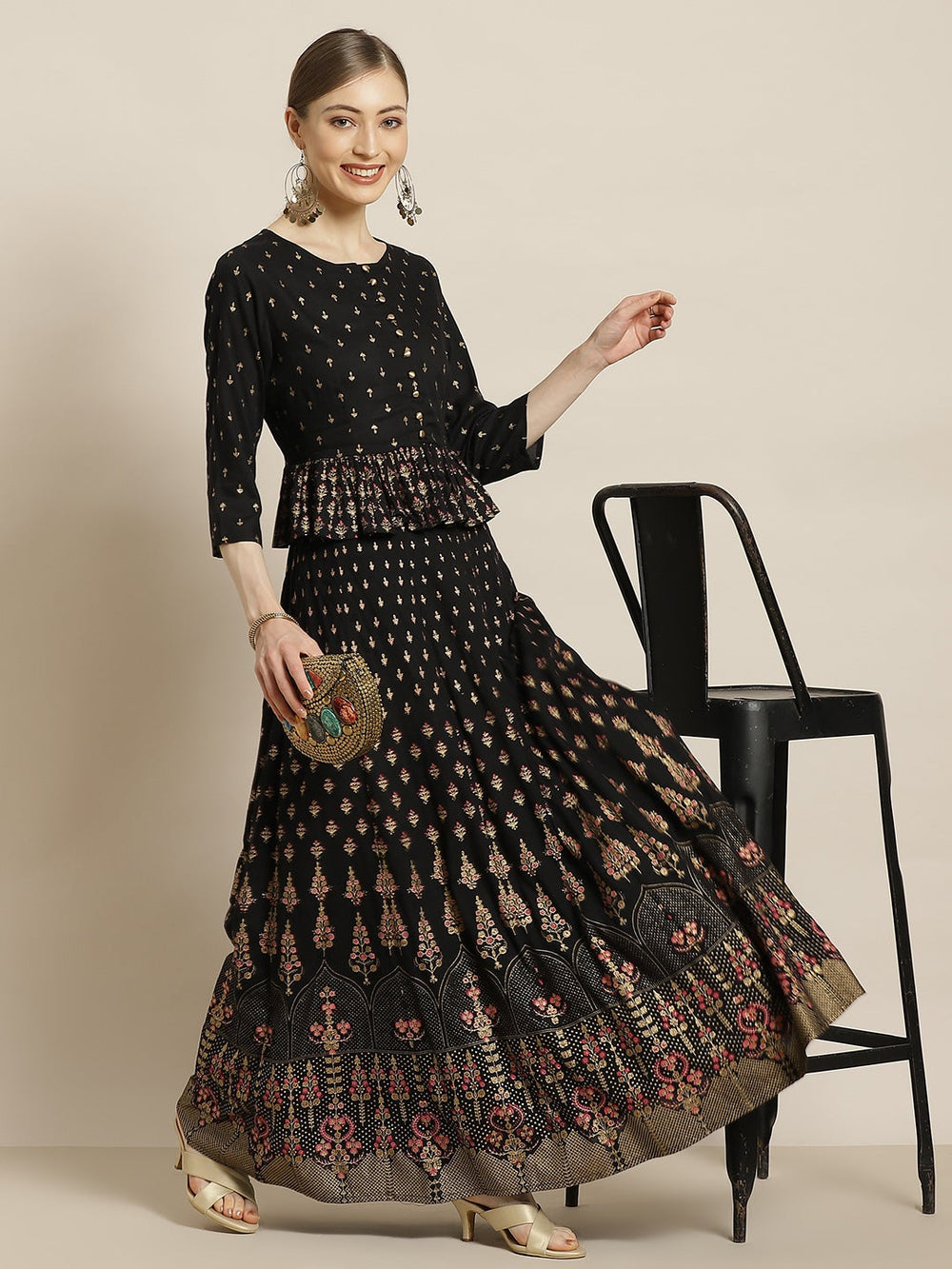 Juniper Women's Black Rayon Printed Flared Lehenga Choli Sets - Distacart
