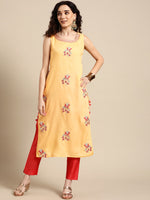 Thumbnail for Sangria Women Yellow Floral Embroidered Sequinned Kurta with Trousers - Distacart