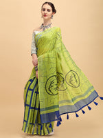 Thumbnail for Sangria Lime Green & Grey Tie and Dye Pure Linen Saree - Distacart