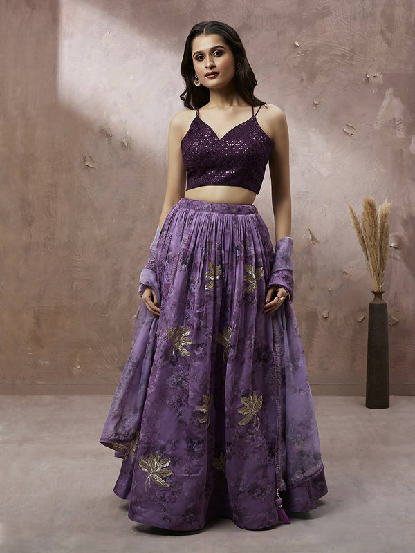House of Panchhi Lavender Organza Floral Printed Lehenga choli & Dupatta - Distacart