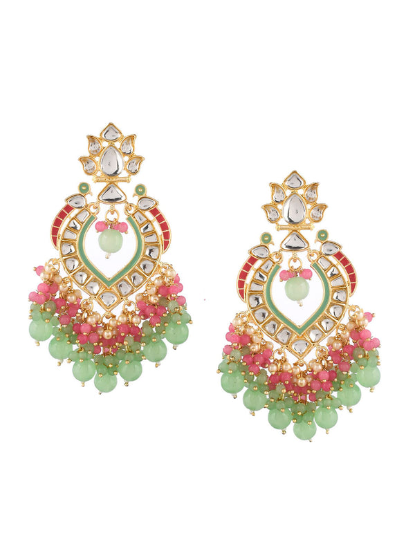 Shoshaa Gold-Plated Green & Pink Enamel Kundan-Studded Drop Earrings - Distacart