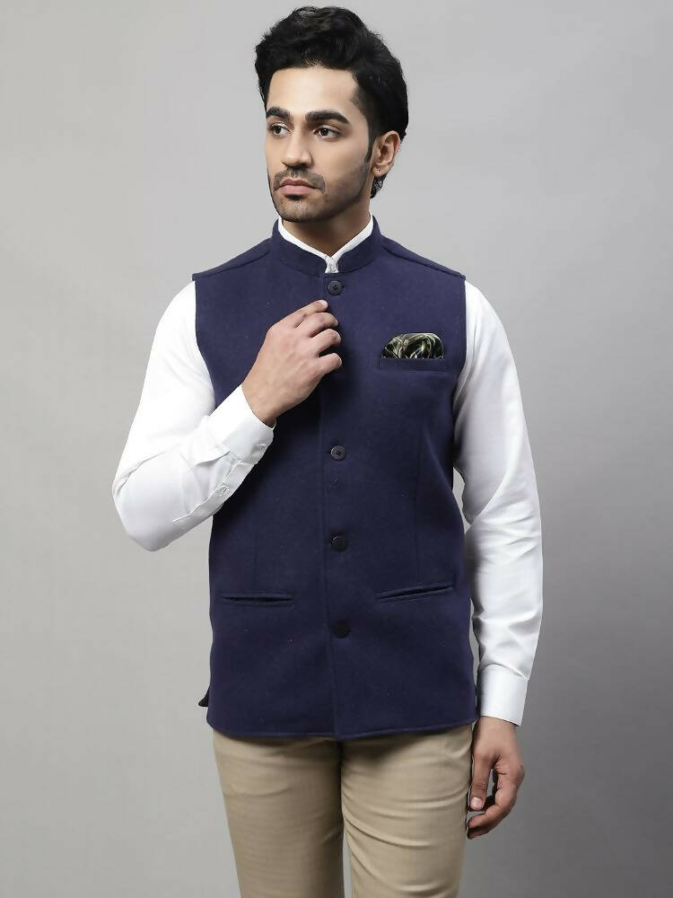 Even Apparels Pure Wool Nehru Jacket - Navy - Distacart