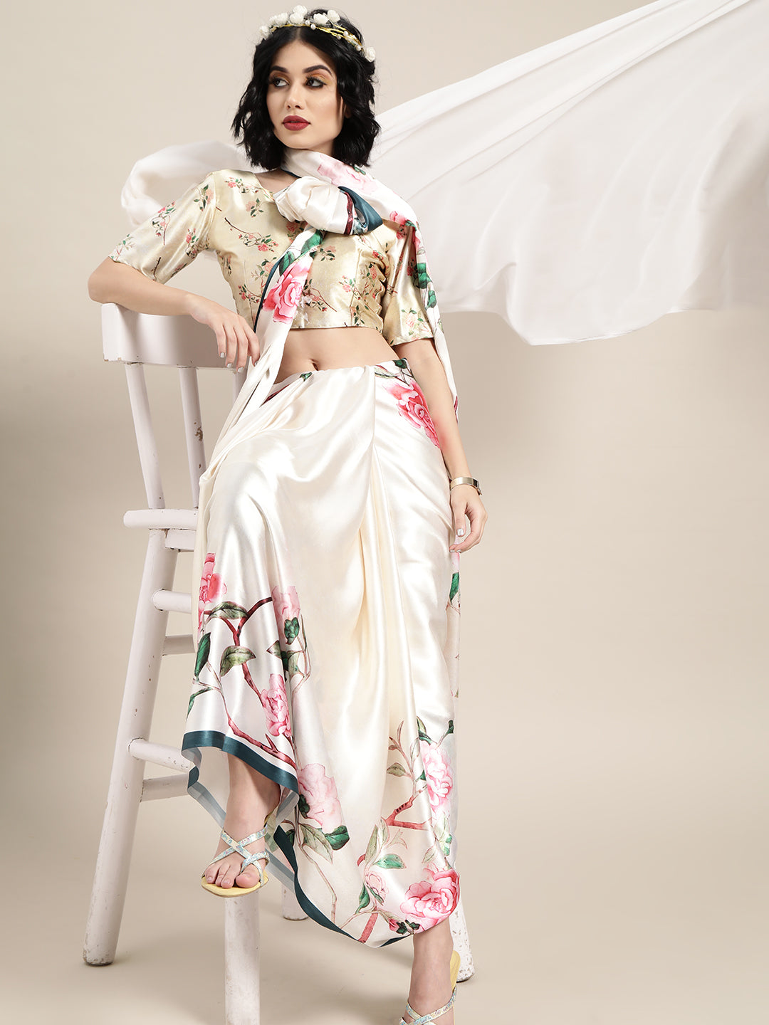 Saree Mall Cream-Coloured & Pink Satin Floral Block Print Saree - Distacart