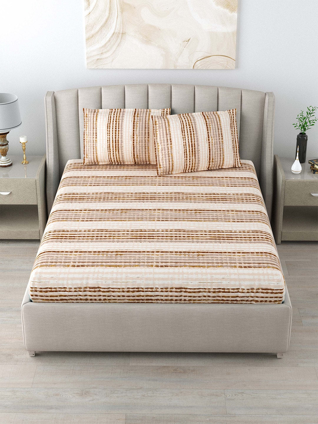 DREAM WEAVERZ Beige & Brown Striped Pure Cotton 220 TC King Bedsheet With 2 Pillow Covers - Distacart