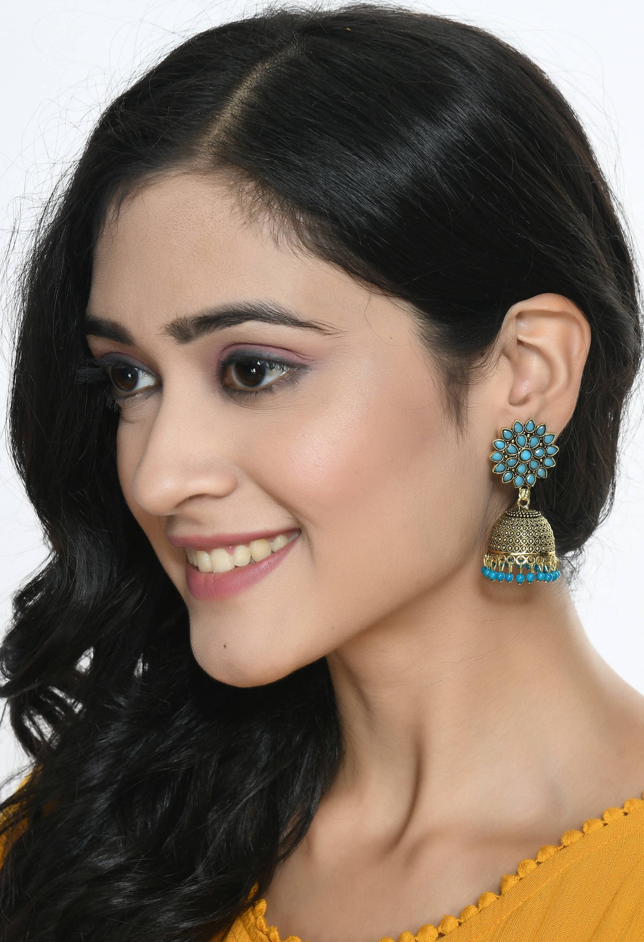 Mominos Fashion Johar Kamal Beautiful Kundan Work Jhumka With Sky Blue Beads - Distacart
