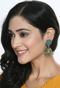 Thumbnail for Mominos Fashion Johar Kamal Beautiful Kundan Work Jhumka With Sky Blue Beads - Distacart