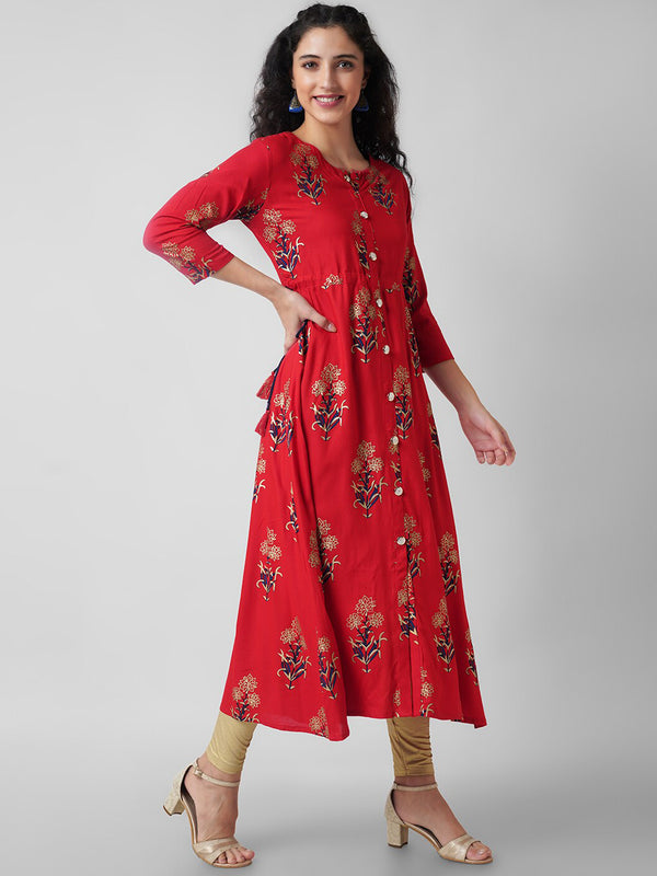 Kalini Women Red floral Printed Thread Work Handloom Kurta - Distacart