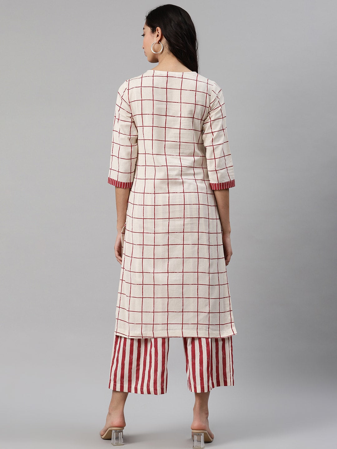 Biba Women Off-White & Maroon Checked Kurta with Palazzos - Distacart