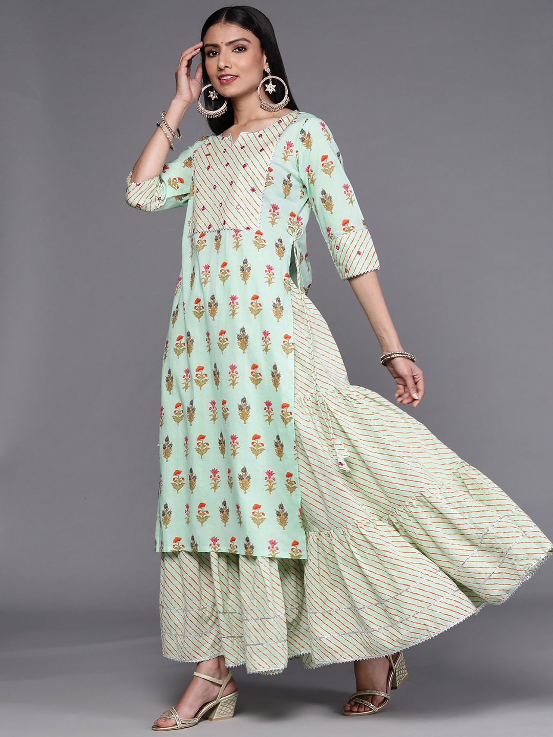 Libas Green Floral Printed Pure Cotton Kurta with Skirt & With Dupatta - Distacart