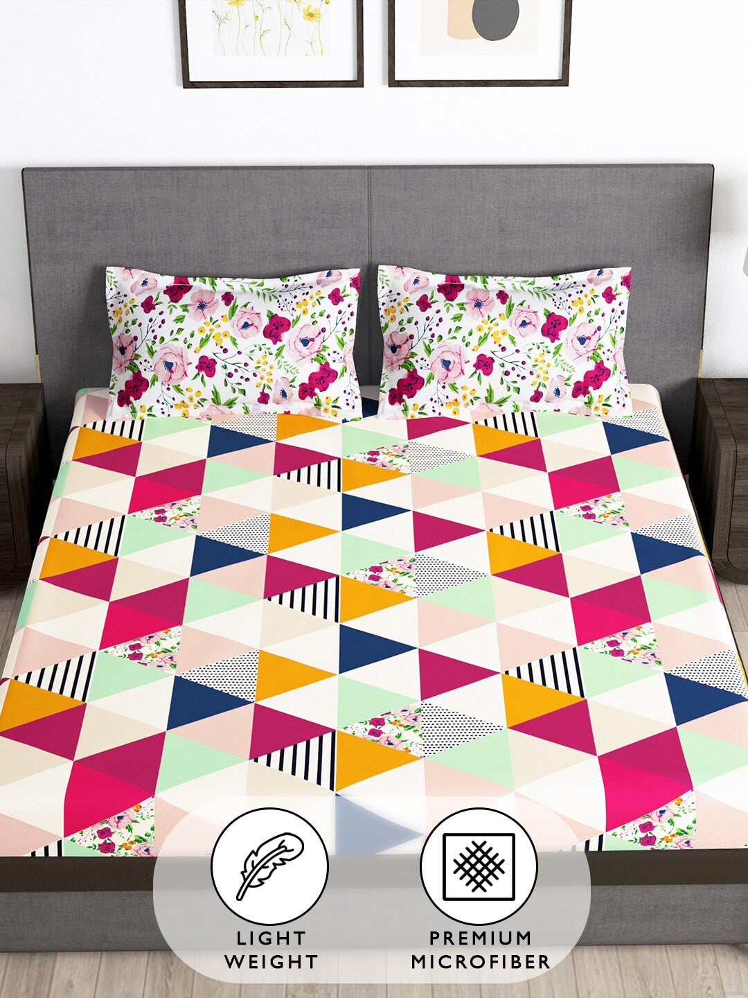 Story@home Arena Pink & Green Geometric Printed 180 TC Queen Bedsheet & 2 Pillow Covers - Distacart
