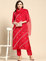 Thumbnail for Sangria Women Red & White Ethnic Embellished Beaded Kurta with Trousers & Dupatta - Distacart