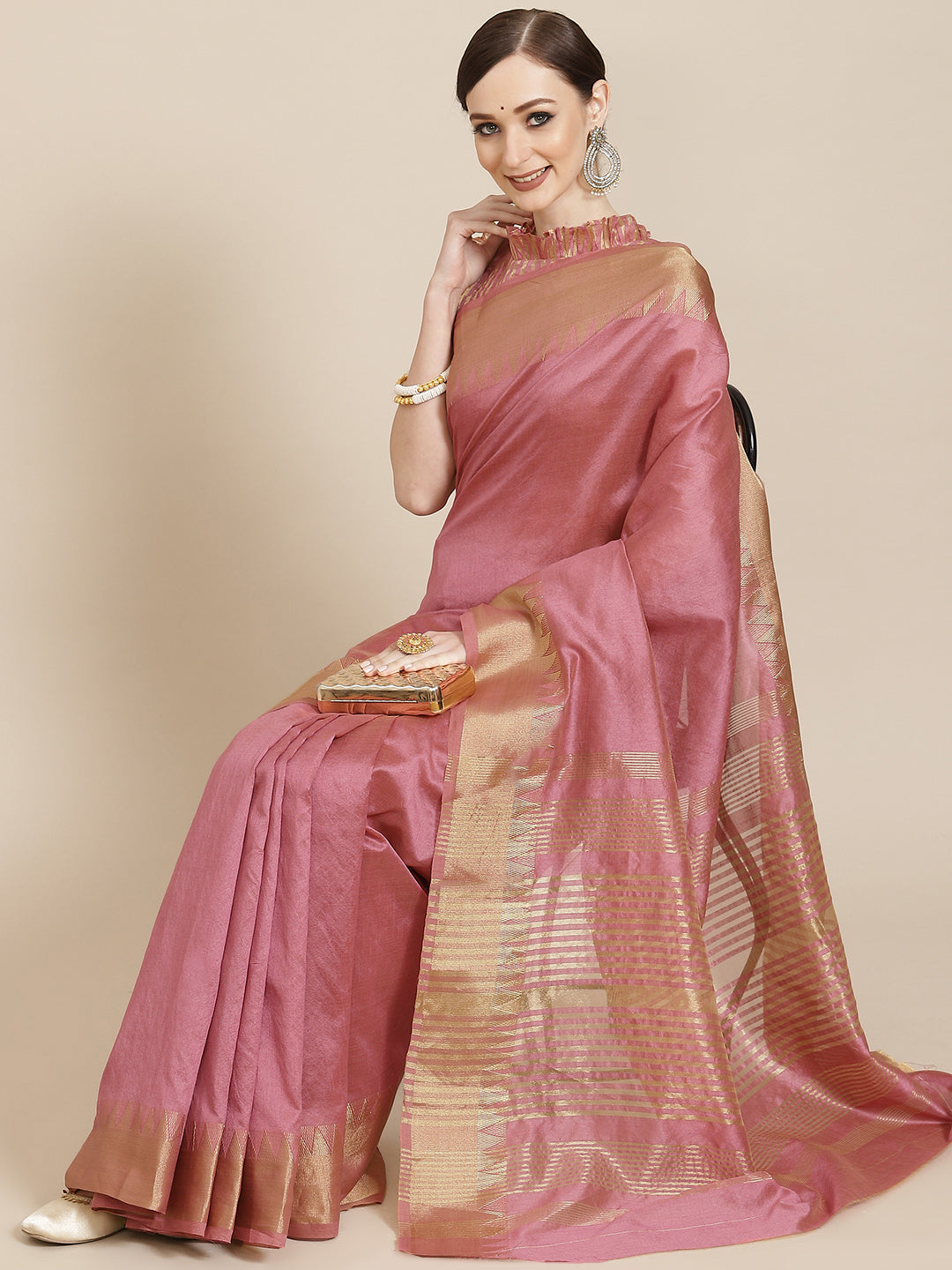 Kalini Pink & Golden Pure Silk Saree - Distacart
