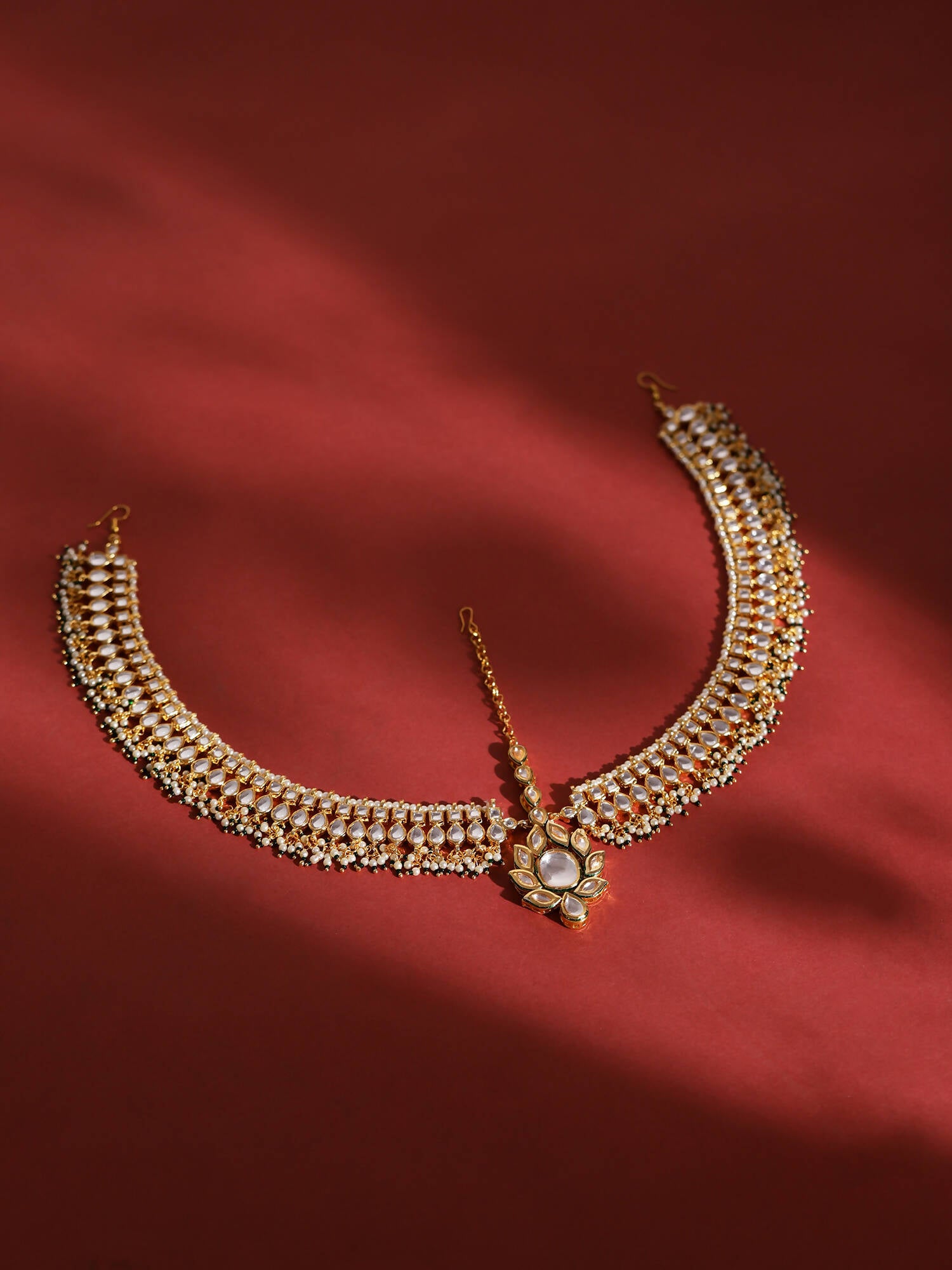 Gold-Plated Green White Kundan-Studded Beaded Matha Patti - Ruby Raang - Distacart