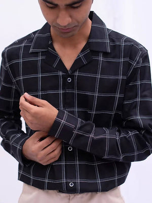 Diva Globe Cotton Black Checkard Lapel Collar Shirt - Distacart